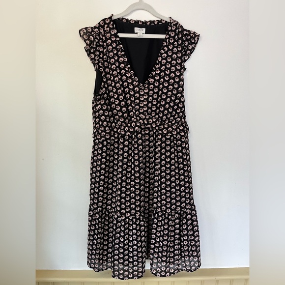 J.Crew Black Floral Mini Dress Ruffle V-Neck Tiered Sz 8 Cottagecore Boho Fairy - Picture 11 of 16